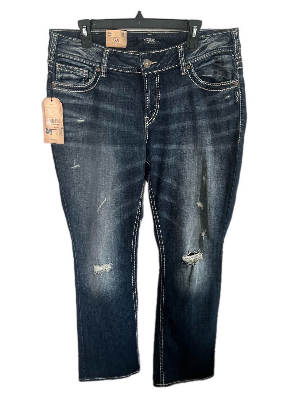 Silver Jeans Suki Curvy Fit Women’s Slim Boot Cut Dark Wash Destructed Jeans
